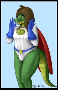 Rating: Questionable Score: 0 Tags: 2013 alligator alligatorid anthro belt black_border blue_background border brown_hair bulge cape clothed clothing cosplay crocodilian crossdressing dc_comics dr_zombie e621 femboy gloves hair handwear male power_girl reptile russ_(character) scalie simple_background solo tight_clothing yellow_eyes User: bunchy7s