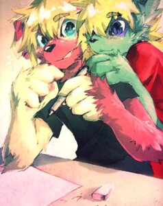 Rating: Safe Score: 0 Tags: anthro blonde_hair canid canine canis domestic_cat domestic_dog duo e621 felid feline felis hair jeniak male mammal romantic romantic_couple User: bunchy7s
