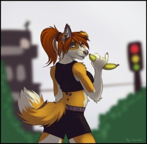 Rating: Safe Score: 0 Tags: anthro banana biped black_border border bottomwear building canid canine clothed clothing depth_of_field digital_media_(artwork) e621 ear_piercing facial_piercing female food food_fetish fruit fur furgonomic_piercing furgonomics gauged_ear gorsha_pendragon hair industrial_piercing lip_piercing looking_back mammal muzzle_piercing nose_piercing outside piercing plant red_hair shaded shirt shorts sky solo standing street suggestive suggestive_food topwear traffic_light watermark yellow_body yellow_fur User: bunchy7s
