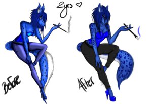 Rating: Safe Score: 0 Tags: 2011 2013 anthro black_bottomwear black_clothing black_pants blue_bottomwear blue_clothing blue_eyes blue_hair blue_pants blues_(safigirl) bottomwear canid canine cigarette cigarette_holder clothing comparison corset e621 female fur hair heart_symbol lingerie mammal markings pants pointy_ears prick_ears purple_eyes smoke smoking spots spotted_body spotted_fur tail topwear vexstacy User: bunchy7s