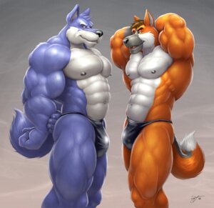 Rating: Questionable Score: 0 Tags: abs anthro athletic biceps big_muscles black_nipples black_nose blue_body blue_fur blue_hair braford brown_hair bulge canid canine canis clothed clothing duo e621 fangs flexing fox fur green_eyes grey_body grey_fur grin hair hands_behind_head huge_muscles kinimus male male/male mammal muscular muscular_male nipples nuclearfusion open_mouth orange_body orange_fur pecs pose smile speedo standing swimwear tail teeth tongue topless underwear white_body white_fur wolf yellow_eyes User: bunchy7s
