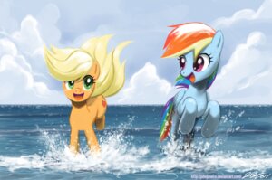Rating: Safe Score: 0 Tags: 2011 applejack_(mlp) blonde_hair blue_body blue_feathers blue_fur cloud cutie_mark detailed detailed_background duo e621 earth_pony equid equine feathered_wings feathers female feral friendship_is_magic frolicking fur green_eyes hair hasbro hi_res horse john_joseco mammal multicolored_hair my_little_pony mythological_creature mythological_equine mythology orange_body outside pegasus pink_eyes pony quadruped rainbow_dash_(mlp) rainbow_hair sea seaside sky tail toony water wings User: bunchy7s