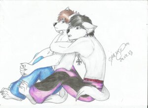 Rating: Safe Score: 0 Tags: 2013 3_toes 4_fingers anthro barefoot beard black_hair black_nose bottomwear brown_hair canid canine claws clothed clothing cross cuddling duo e621 facial_hair feet fingers fur hair hands_together hi_res hug interlocked_fingers iron_cross jewelry male mammal necklace open_mouth pants romantic romantic_couple short_hair side_view simple_background sitting toes topless unknown_artist white_background white_body white_fur User: bunchy7s