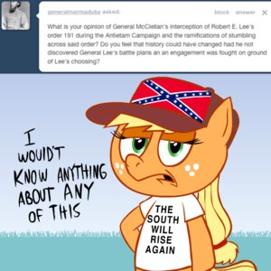 Rating: Safe Score: 0 Tags: 1:1 anthro applejack_(mlp) ask_blog ask_jappleack asking baseball_cap blonde_hair clothing confederate_flag confederate_states_of_america dialogue e621 earth_pony english_text equid equine eyelashes featureless_hands female friendship_is_magic grass green_eyes hair hasbro hat headgear headwear horse hotdiggedydemon looking_at_viewer mammal my_little_pony plant pony redneck semi-anthro shirt solo text text_on_clothing text_on_shirt text_on_topwear toony topwear trailer_trash tumblr user_message username User: bunchy7s