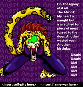 Rating: Safe Score: 0 Tags: 2000 angst anthro barefoot biped birthday bottomwear bulging_eyes clothing digital_media_(artwork) drama e621 english_text feet felid female gaping_mouth glistening green_sclera hair jaguar mammal open_mouth panicking pantherine pants purple_bottomwear purple_clothing purple_topwear shirt simple_background solo tail text text_background topwear xianjaguar User: bunchy7s