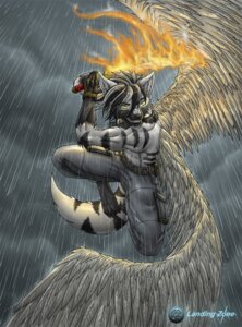 Rating: Safe Score: 0 Tags: anthro canid canine canis clothed clothing e621 fangs feathered_wings feathers fire flaming_sword katana landingzone male mammal melee_weapon outside raining solo sword tail teeth tempest_omega topless weapon wings wolf User: bunchy7s