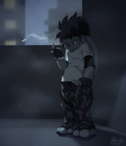 Rating: Safe Score: 0 Tags: alien black_hair camo cigarette clock clothed clothing e621 frustrated gloves grey_body grey_skin hair handwear hi_res long_ears long_hair male monster night outside petresko shirt smoke smoking solo standing topwear watch User: bunchy7s