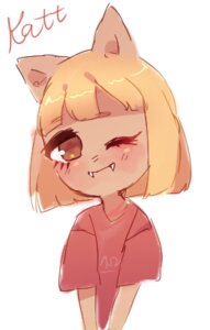 Rating: Safe Score: 0 Tags: alternate_species animal_crossing animal_humanoid bangs biped blonde_hair blush brown_eyes brown_hair cat_humanoid clasped_hands clothing digital_media_(artwork) e621 english_text fangs felid felid_humanoid feline feline_humanoid female front_view hair half-length_portrait humanoid humanoid_pointy_ears humanoidized katt_(animal_crossing) looking_at_viewer low_res mammal mammal_humanoid nintendo one_eye_closed pink_body pink_skin pointy_ears portrait red_clothing red_shirt red_topwear shirt shirt_logo shy simple_background solo standing teeth text topwear unknown_artist white_background wink User: bunchy7s