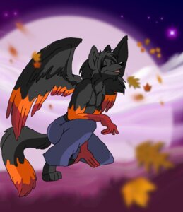 Rating: Safe Score: 0 Tags: 2010 anthro barefoot bent_legs biped black_body black_fur black_hair bottomwear canid canine canis clothed clothing cloud colored crouching detailed_background digital_drawing_(artwork) digital_media_(artwork) dipstick_arms dipstick_feathers dipstick_tail e621 falling_leaves feathered_wings feathers feet flying full-length_portrait fur hair happy kneeling leaf male mammal markings moon orange_markings outside panda_jenn pants portrait shaded side_view sky smile solo star steelwings tail tail_markings toony topless wings wolf User: bunchy7s