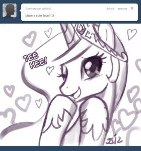 Rating: Safe Score: 0 Tags: 2012 crown e621 english_text equid equine female feral friendship_is_magic giggle hasbro headgear heart_symbol horn john_joseco mammal my_little_pony mythological_creature mythological_equine mythology princess princess_celestia_(mlp) royalty solo text tumblr unicorn User: bunchy7s