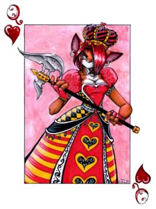 Rating: Safe Score: 0 Tags: alternative_fashion anthro arms_bent axe black_heart breasts card card_template cleavage clothed clothing cougar crown dress e621 ear_piercing felid feline female hair hair_over_eye headgear heart_pattern heart_print heart_symbol hearts_(suit) holding_axe holding_object holding_weapon j-fashion lizardbeth lolita_(fashion) mammal maxine_(lizardbeth) melee_weapon one_eye_obstructed pattern_clothing pattern_dress piercing playing_card playing_card_template print_clothing print_dress queen queen_of_hearts_(card) red_hair red_heart royalty solo suit_symbol weapon User: bunchy7s