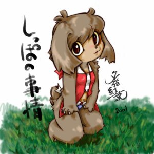 Rating: Safe Score: 0 Tags: 1:1 2001 anthro biped canid canine canis clothed clothing domestic_dog e621 female grass japanese_text kneeling mammal midriff momiji_yu-ga navel outside plant simple_background solo text white_background young young_anthro young_female User: bunchy7s