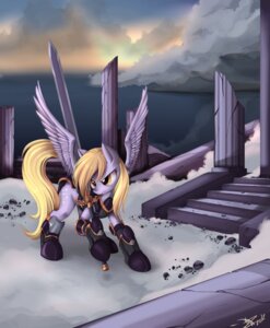 Rating: Safe Score: 0 Tags: 2012 armor blonde_hair breastplate chainmail cloud column cutie_mark derpy_hooves_(mlp) e621 equid equine feathered_wings feathers female feral friendship_is_magic fur grey_body grey_feathers grey_fur hair hasbro hi_res longsword mammal melee_weapon my_little_pony mythological_creature mythological_equine mythology outside pegasus plate_mail ponykillerx quadruped rock ruins signature sky solo stairs sword tail two_handed_weapon water weapon wings User: bunchy7s