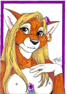 Rating: Questionable Score: 0 Tags: 1999 anthro blonde_hair braided_hair breasts canid canine e621 ear_piercing female flower fox hair long_hair looking_at_viewer mammal nipples piercing plant signature smile solo terrie_smith traditional_media_(artwork) User: bunchy7s