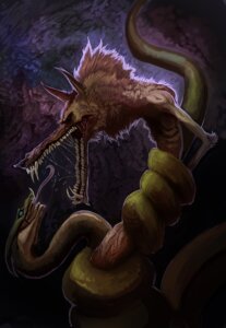 Rating: Safe Score: 0 Tags: ambiguous_gender canid canine canis detailed duo e621 fangs feral maelice mammal nightmare_fuel reptile scalie simple_background snake teeth tongue toony unavailable_at_source wolf User: bunchy7s