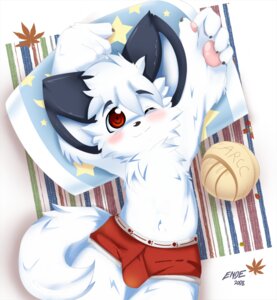 Rating: Questionable Score: 0 Tags: 2008 anthro arcc arcc_(character) biped blush briefs bulge canid canine canis chest_tuft claws clothed clothing domestic_dog e621 ende fur hair looking_at_viewer lying male mammal on_back one_eye_closed pillow red_eyes solo tail topless tuft underwear white_body white_fur white_hair wink young young_anthro young_male User: bunchy7s