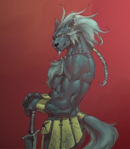 Rating: Questionable Score: 0 Tags: anthro beard black_nose bracelet braided_hair canid canine canis chest_tuft claws clothed clothing e621 eye_patch eyewear facial_hair fangs fur furgonomics grey_body grey_fur grin hair jewelry longsword male mammal mane melee_weapon necklace red_background simple_background smile solo sword tail teeth topless tuft wakky weapon wolf yellow_eyes User: bunchy7s