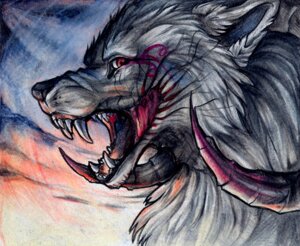 Rating: Safe Score: 0 Tags: ambiguous_gender black_horn black_nose bust_portrait canid canine canis colored_pencil_(artwork) e621 ears_back fangs feral fur grey_body grey_ears grey_fur growling horn looking_back mammal markings multicolored_horn open_mouth pearleden pivoted_ears portrait purple_horn purple_markings red_eyes sharp_teeth side_view solo sunset teeth traditional_media_(artwork) wolf User: bunchy7s