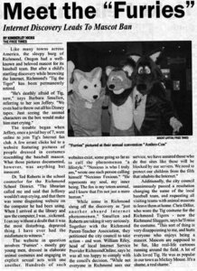 Rating: Safe Score: 0 Tags: ambiguous_gender anthro bear canid canine canis clothing costume e621 english_text fursuit grandfathered_content greyscale group hoax mammal monochrome newspaper real text unknown_artist wolf User: bunchy7s