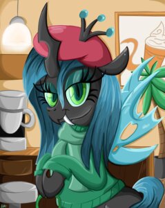 Rating: Safe Score: 0 Tags: 2013 alternative_fashion arthropod beatnik beret beverage changeling_(mlp) clothing coffee coffee_shop container cup daniel-sg e621 eyeshadow fangs female food friendship_is_magic furniture green_eyes green_hair hair hasbro hat headgear headwear hi_res hipster hole_(anatomy) insect_wings looking_at_viewer makeup my_little_pony palm_tree plant pupils queen_chrysalis_(mlp) scarf slit_pupils solo stool sweater teeth topwear tree wings User: bunchy7s