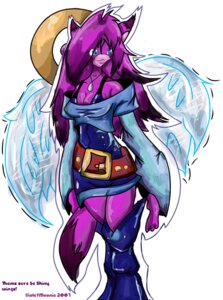 Rating: Safe Score: 0 Tags: 2001 anthro belt boots bra breasts cleavage clothed clothing digital_media_(artwork) dipstick_tail e621 feathered_wings feathers female footwear hair halo hi_res markings noseless purple_body purple_hair shoes shoulderless_shirt simple_background solo tail tail_markings underwear unknown_species violetmoonie white_background wings User: bunchy7s