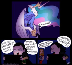 Rating: Safe Score: 0 Tags: 2013 anartistcalledred black_hair blonde_hair bodily_fluids cape clothing comic computer crossover crown crying cutie_mark dialogue duo e621 electronics english_text equid equine eyes_closed feathered_wings feathers female friendship_is_magic hair hasbro headgear horn loki_(marvel) male mammal marvel multicolored_hair multiple_scenes my_little_pony mythological_creature mythological_equine mythology open_mouth princess_celestia_(mlp) princess_luna_(mlp) sibling_(lore) solo tears text thor_(marvel) tiara two_tone_hair winged_unicorn wings User: bunchy7s