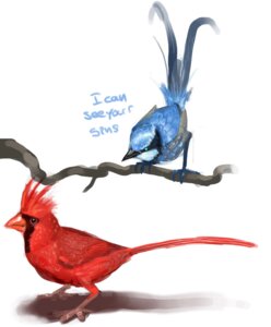 Rating: Safe Score: 0 Tags: 2008 ambiguous_gender avian beak biped bird blue_body blue_feathers bluescale_(artist) cardinal_(bird) dialogue duo e621 english_text feathers feral humor male northern_cardinal oscine passerine red_body red_feathers simple_background text white_background User: bunchy7s