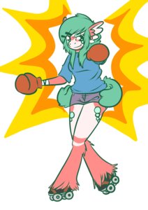 Rating: Safe Score: 0 Tags: accessory bottomwear boxing_gloves cheese-u clothed clothing determined e621 female footwear fur green_body green_fur green_hair grin hair hair_accessory handwear head_wings hooves long_hair looking_at_viewer markings multicolored_body multicolored_fur pink_body pink_fur quad_skates roller_skates shirt shorts smile solo topwear unknown_species unusual_wing_placement white_body white_fur wings User: bunchy7s