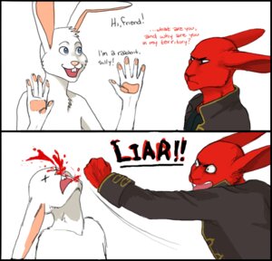 Rating: Questionable Score: 0 Tags: anthro blood bodily_fluids comic dialogue duo e621 english_text fur humor lagomorph leporid male mammal rabbit red_body red_fur seriousmccoy text white_body white_fur User: bunchy7s
