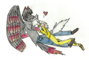 Rating: Safe Score: 0 Tags: ambiguous_gender anthro black_body black_feathers black_fur canid canine canis clothing colored_pencil_(artwork) cuddling duo e621 feathered_wings feathers flame_pattern fox-rachel foxy_rachel fur heart_symbol hug male mammal romantic romantic_couple simple_background steelwings tail traditional_media_(artwork) white_background white_body white_fur wings wolf User: bunchy7s