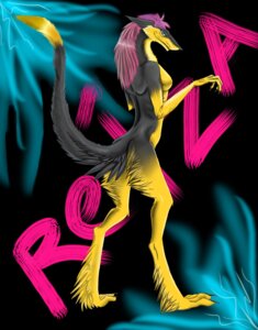 Rating: Safe Score: 0 Tags: black_body blue_eyes e621 female fur hair mammal pink_hair reiza sergal smile solo standing tail volkreiza yellow_body yellow_fur User: bunchy7s