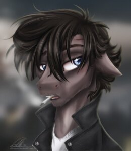 Rating: Safe Score: 0 Tags: 2013 black_hair blue_eyes brown_body brown_fur cigarette clothing dvixie e621 earth_pony equid equine fan_character fur hair hasbro hi_res horse jacket joen leather leather_clothing leather_jacket leather_topwear male mammal my_little_pony open_mouth pony shirt smoke smoking solo teeth text tongue topwear url User: bunchy7s