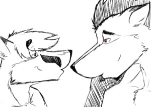 Rating: Safe Score: 0 Tags: anthro black_and_white canid canine duo e621 eye_contact hakijagu1 looking_at_another male mammal monochrome ryke side_view simple_background spot_color white_background User: bunchy7s