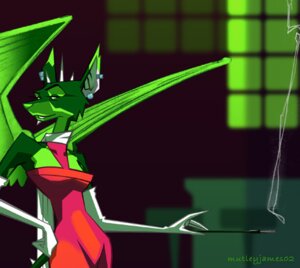 Rating: Safe Score: 0 Tags: anthro canid canine detailed_background e621 ear_piercing female fur green_body green_fur mammal membrane_(anatomy) membranous_wings mutley_james neogeen_(character) piercing smoke solo tail wings User: bunchy7s