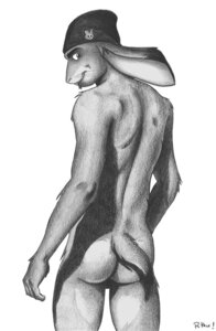 Rating: Explicit Score: 0 Tags: anthro biped buckteeth butt clothing e621 fur greyscale hare hat hat_only headgear headgear_only headwear headwear_only lagomorph leporid looking_at_viewer looking_back male mammal monochrome mostly_nude rear_view rthur shadow simple_background smile solo standing teeth whiskers white_background User: bunchy7s