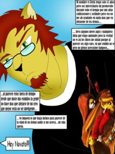 Rating: Safe Score: 0 Tags: 3:4 anthro black_nose canid canine canis comic cougar e621 eyewear facial_hair felid feline fur glasses hi_res hunterramirez lion male mammal pantherine shirt_logo solo spanish_text teeth text translated wolf yellow_body yellow_fur User: bunchy7s