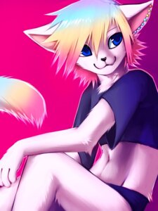 Rating: Safe Score: 0 Tags: 2011 anthro big_eyes biped blue_eyes bottomwear clothed clothing crop_top digital_media_(artwork) digital_painting_(artwork) domestic_cat e621 ear_piercing falvie felid feline felis femboy fur hair male mammal midriff multicolored_hair navel painting_(artwork) piercing pinup pose rainbow_hair revy_(revy) shirt shorts sitting smile solo sparklefur tail topwear white_body white_fur User: bunchy7s