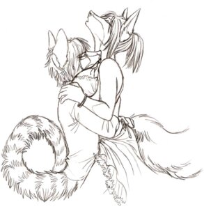 Rating: Questionable Score: 0 Tags: anthro bite breasts canid canine duo e621 female fox greyscale male male/female mammal monochrome simple_background speed_(artist) tail victoriana white_background User: bunchy7s