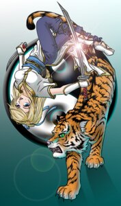 Rating: Safe Score: 0 Tags: accessory blonde_hair blue_eyes clothed clothing duo e621 felid female footwear green_eyes green_sclera hair hair_accessory hair_ribbon hi_res human katana kiala lacing mainc-goose mammal melee_weapon midair pantherine ribbons sandals shirt shoes simple_background sweetamberkins sword teal_background tiger topwear tunic upside_down weapon yin_yang yin_yang_symbolism User: bunchy7s