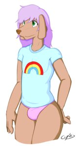 Rating: Questionable Score: 0 Tags: 2013 anthro biped bulge canid canine canis clothed clothing crossdressing cynik domestic_dog e621 femboy green_eyes hair hi_res jerry_(cynik) male mammal panties pink_hair pose rainbow shaded simple_background solo standing underwear white_background User: bunchy7s