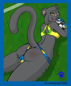 Rating: Questionable Score: 0 Tags: 2009 anthro ball bandage bangs big_butt black_body black_fur blue_border blush body_blush border bra brazil breasts butt butt_blush camel_toe clothed clothing digital_media_(artwork) e621 eyebrows eyelashes felid female fur gloves grass handwear holding_ball holding_object lonbluewolf looking_at_viewer looking_back mammal maya_(lonbluewolf) melanistic open_mouth pantherine partially_clothed plant presenting presenting_hindquarters raised_tail skimpy smile soccer soccer_ball solo sport tail thong underwear watermark wide_hipped_female wide_hips world_cup yellow_eyes User: bunchy7s