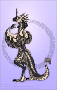 Rating: Safe Score: 0 Tags: 2012 ambiguous_gender anthro avian beak bird digitigrade e621 feathered_wings feathers horn looking_at_viewer looking_back mangaryang markings purple_eyes simple_background solo standing tail winged_arms wings User: bunchy7s