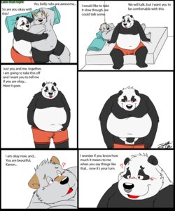 Rating: Questionable Score: 0 Tags: bear belly_rub blush bod canid canine canis clothed clothing comic cuddling dialogue domestic_dog duo e621 english_text giant_panda heart_symbol heterochromia hi_res jakegr kanon male male/male mammal multiple_scenes overweight romantic romantic_couple scritches slice_of_life text topless undressing User: bunchy7s