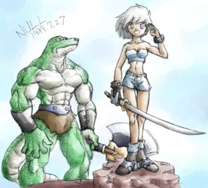 Rating: Safe Score: 0 Tags: 1999 abs axe duo e621 female human lizard male mammal melee_weapon muscular reptile scalie sword tail unknown_artist weapon User: bunchy7s