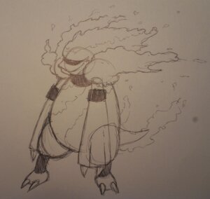 Rating: Safe Score: 0 Tags: ambiguous_gender black_and_white e621 generation_4_pokemon grandfathered_content magmortar monochrome nintendo pokemon pokemon_(species) sketch solo squidisms tail traditional_media_(artwork) User: bunchy7s
