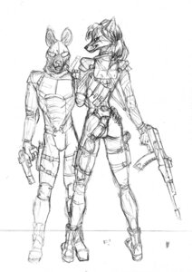 Rating: Safe Score: 0 Tags: african_wild_dog anthro armor assault_rifle bag banana_magazine belt boots butt canid canine canis clothing domestic_dog duo e621 eyewear female footwear fox furgonomics gun handgun male mammal monochrome neraven pistol ranged_weapon rifle scott_ruggels shoes simple_background sunglasses traditional_media_(artwork) violetta weapon white_background User: bunchy7s