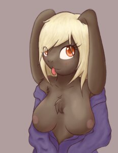 Rating: Questionable Score: 0 Tags: absurd_res anthro blonde_hair breasts brown_body brown_fur chest_tuft clothing e621 female fur hair heart_symbol hi_res lagomorph leporid long_ears long_hair mammal nipples orange_eyes rabbit rottenorange simple_background solo tongue tongue_out tuft User: bunchy7s