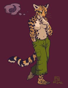 Rating: Questionable Score: 0 Tags: 2002 anthro bottomwear breasts cargo_pants clothed clothing e621 felid feline female green_eyes jewelry leopardus mammal necklace nipples oce ocelot paisley_pattern pants solo tail thinking thought_bubble thoughtful_expression topless walking User: bunchy7s