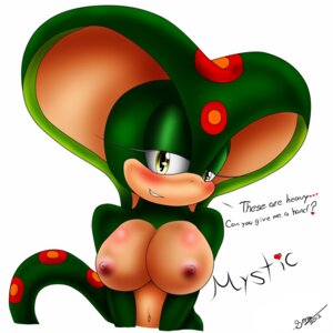 Rating: Questionable Score: 0 Tags: 1:1 2012 anthro big_breasts bigdon1992 biped blush breasts clothed clothing dialogue digital_media_(artwork) e621 english_text fan_character female front_view green_body green_skin half-closed_eyes half-length_portrait heart_symbol hi_res huge_breasts innuendo looking_at_viewer markings mystic_the_cobra narrowed_eyes nipples non-mammal_breasts non-mammal_nipples nude orange_body orange_markings orange_skin pink_nipples portrait red_markings reptile scalie sega signature simple_background snake solo sonic_the_hedgehog_(series) spots spotted_body spotted_skin standing text topless white_background yellow_eyes User: bunchy7s