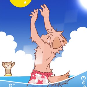 Rating: Safe Score: 0 Tags: 1:1 5_fingers anthro arms_above_head ball blue_sky bottomwear canid canine canis claws clothed clothing day detailed_background domestic_dog duo e621 fingers half_submerged low_res male mammal navel open_mouth open_smile outside partially_submerged shorts sky smile sun swimming_trunks swimwear tail toony topless tsubutekuro water young young_anthro User: bunchy7s